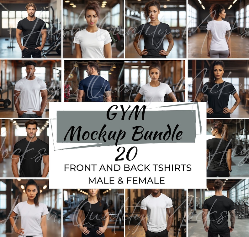 May include: A mockup bundle of 20 t-shirts for men and women. The t-shirts are shown on models in a gym setting. The text "GYM Mockup Bundle 20 Front and Back T-shirts Male & Female" is displayed on a gray banner.