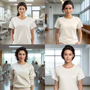 May include: Four women wearing plain white t-shirts in a hospital setting. The women are standing in different poses, with their arms crossed, hands on their hips, and hands in their pockets. The t-shirts are a blank canvas for customization.