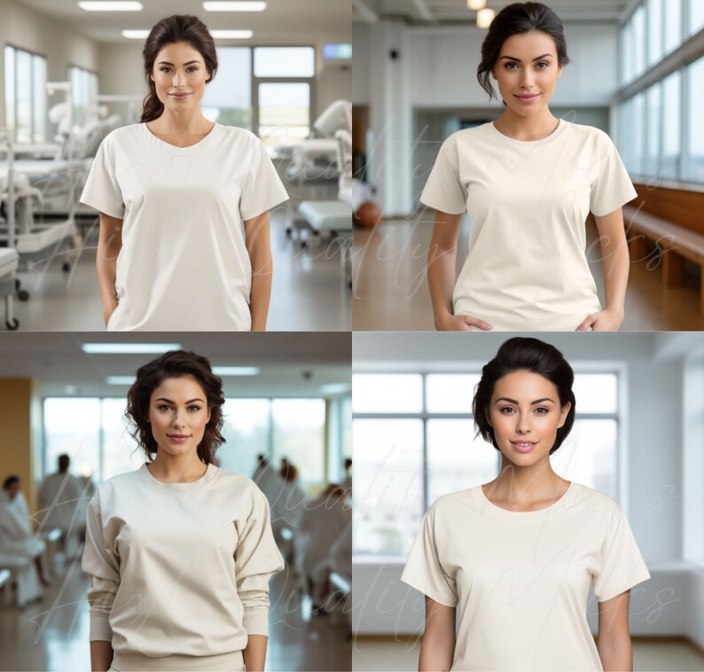 May include: Four women wearing plain white t-shirts in a hospital setting. The women are standing in different poses, with their arms crossed, hands on their hips, and hands in their pockets. The t-shirts are a blank canvas for customization.