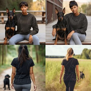May include: Two women wearing black shirts and jeans, one with a brown sweatshirt and the other with a black t-shirt, are pictured with their dogs. The women are sitting on a wooden bench and walking on a path in a field.