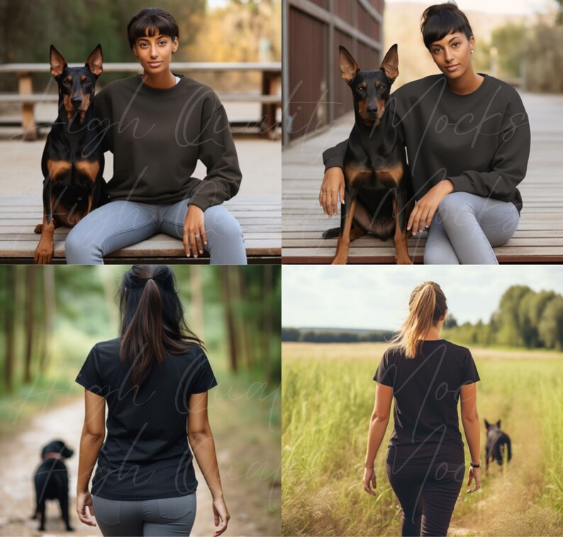 May include: Two women wearing black shirts and jeans, one with a brown sweatshirt and the other with a black t-shirt, are pictured with their dogs. The women are sitting on a wooden bench and walking on a path in a field.