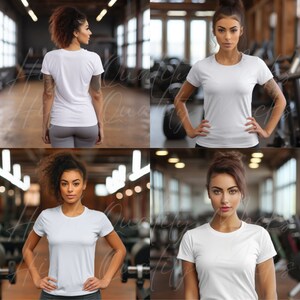 May include: Four images of a person wearing a white t-shirt in a gym setting. The person is standing with their hands on their hips. The t-shirt is a blank template for adding text or graphics.