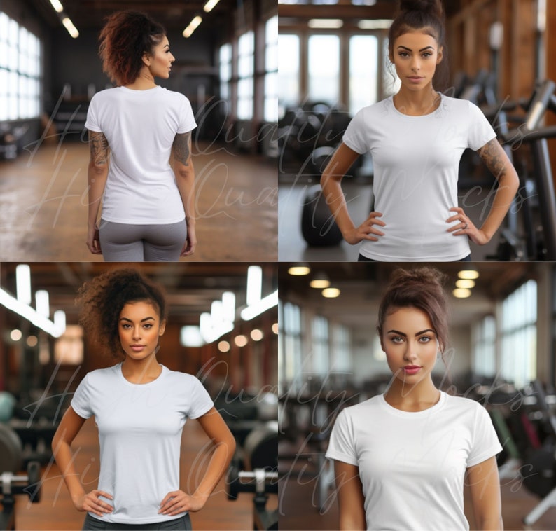 May include: Four images of a person wearing a white t-shirt in a gym setting. The person is standing with their hands on their hips. The t-shirt is a blank template for adding text or graphics.