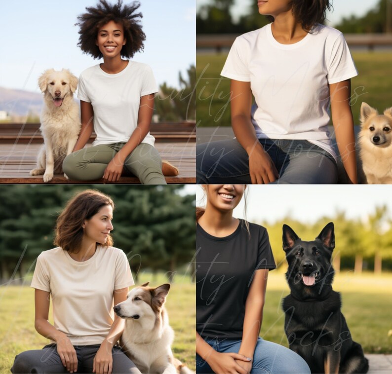 May include: Four people are wearing plain t-shirts and sitting with their dogs. The people are sitting on a wooden deck, grass, and a sidewalk. The dogs are a golden retriever, a small white dog, and a black German Shepherd.