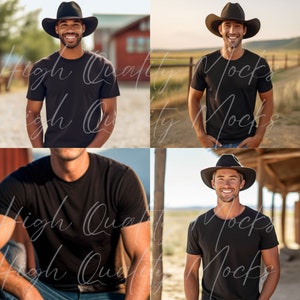 May include: A man wearing a black t-shirt and a brown cowboy hat. He is standing in a field with a wooden fence in the background.