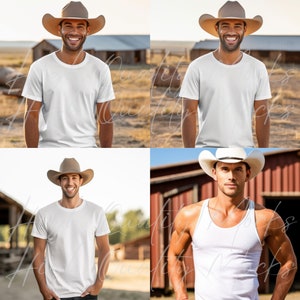May include: Four images of a person wearing a white t-shirt and a brown cowboy hat. The person is standing in a field with a barn in the background. In the fourth image, the person is wearing a white tank top.