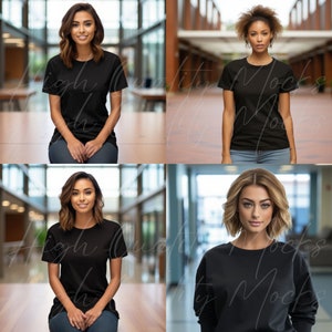 May include: Four women wearing black t-shirts in different poses. The women are standing and sitting in a variety of indoor settings.