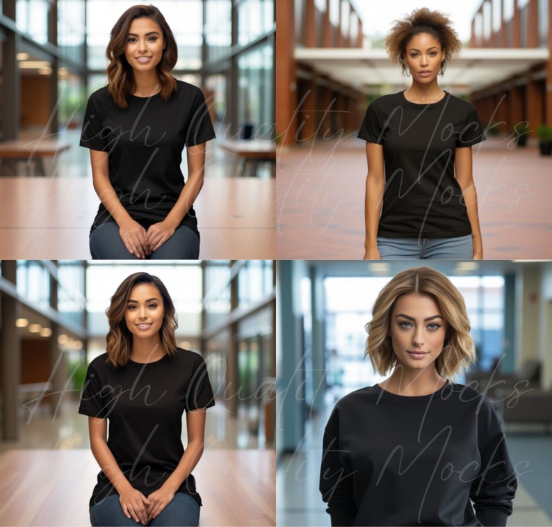 May include: Four women wearing black t-shirts in different poses. The women are standing and sitting in a variety of indoor settings.