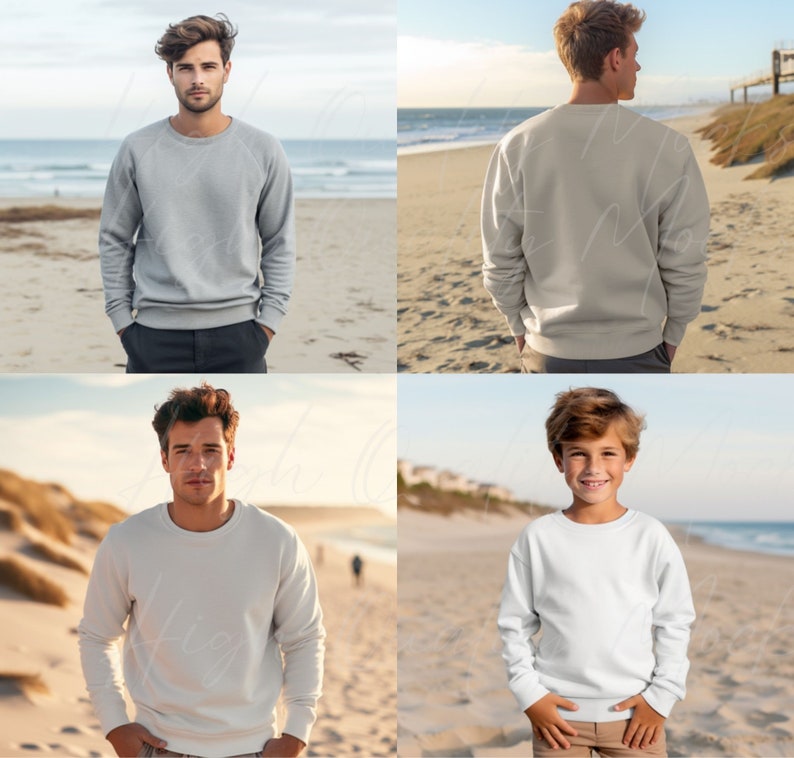 May include: Four people wearing white and gray sweatshirts on a beach. The sweatshirts are long-sleeved and have a crew neck.