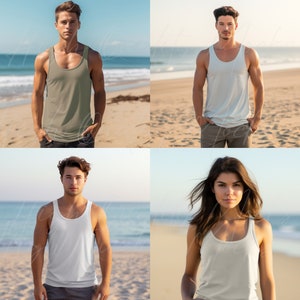 May include: Four people wearing different colored tank tops. The tank tops are all sleeveless and have a scoop neck. The people are standing on a beach with the ocean in the background.