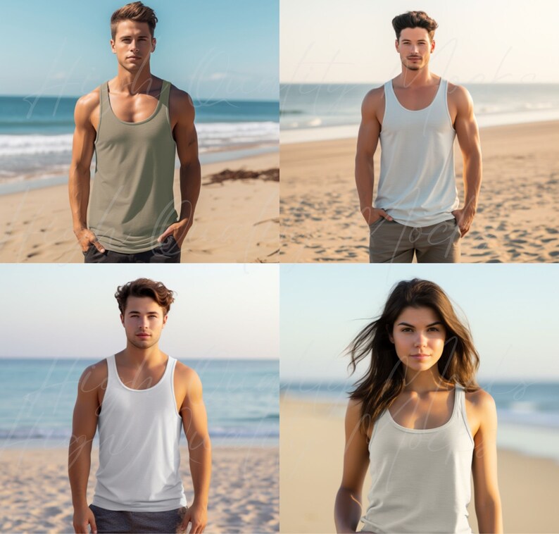May include: Four people wearing different colored tank tops. The tank tops are all sleeveless and have a scoop neck. The people are standing on a beach with the ocean in the background.