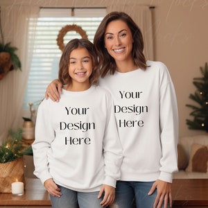 Mommy and Me Christmas Mockup, Mommy and Me Mockup Gildan 18000, Mommy and Me Christmas Shirt Mockup, Mommy and Me Sweatshirt Mockup, White