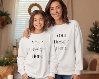 Mommy and Me Christmas Mockup, Mommy and Me Mockup Gildan 18000, Mommy and Me Christmas Shirt Mockup, Mommy and Me Sweatshirt Mockup, White
