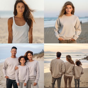 May include: A group of people wearing beige sweatshirts on a beach. The sweatshirts are a simple design with no graphics or logos.