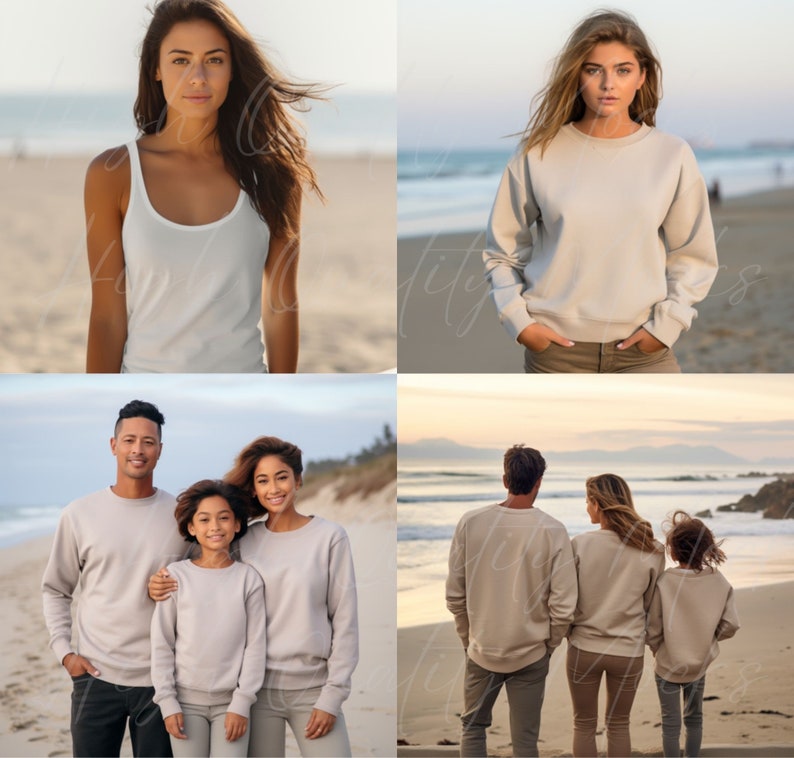 May include: A group of people wearing beige sweatshirts on a beach. The sweatshirts are a simple design with no graphics or logos.