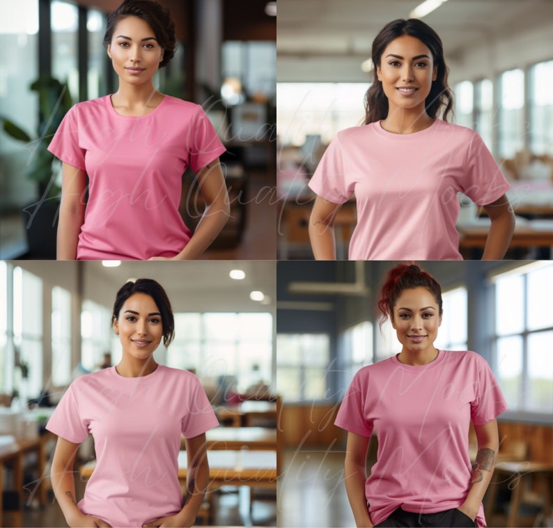 May include: Four women wearing pink t-shirts in a variety of poses. The t-shirts are a plain, solid color.