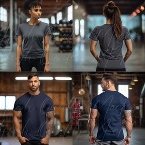 May include: Four different t-shirt mockups, two in gray and two in navy blue. The shirts are shown on models in a warehouse setting.