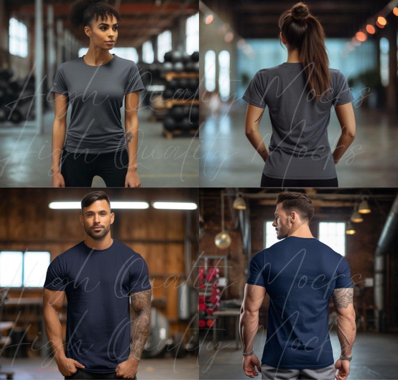 May include: Four different t-shirt mockups, two in gray and two in navy blue. The shirts are shown on models in a warehouse setting.