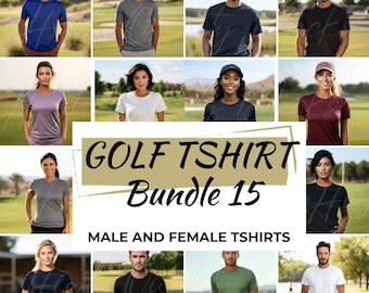 Puede incluir: Una colección de 15 camisetas de golf en varios colores, incluyendo negro, blanco, azul, rojo y gris. Las camisetas se muestran en modelos en un entorno de campo de golf. El texto "GOLF TSHIRT Bundle 15" y "MALE AND FEMALE TSHIRTS" se muestra en la imagen.