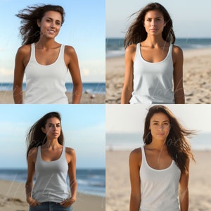 May include: Four photos of a woman wearing a white tank top. The woman is standing on a beach with the ocean in the background.