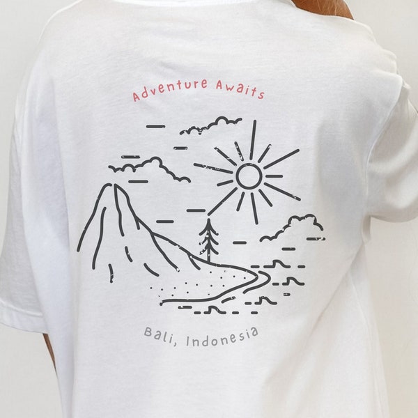 Chemise de plage de Bali, l'aventure vous attend, chemise de plage, rétro, vintage, cadeau d'université, cadeau de voyage, chemise personnalisée, t-shirt de Bali, boutique de surf