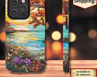 Stained Glass Sunset Beach Phone Case Vibrant Ocean Floral Design, Art Lover Gift, Coastal Aesthetic iPhone & Samsung Cover summer 11