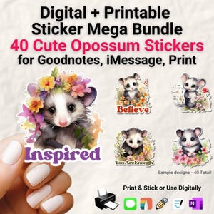 Mega paquete de 40 pegatinas de zarigüeya de 3 pulgadas (imprimibles + PNG digital) para Goodnotes, iMessage, diarios y regalos del Día de la Madre. Descarga instantánea en Cricut.
