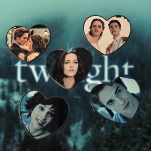 May include: A collection of heart-shaped pins featuring images of characters from the movie Twilight. Each pin has a different image of the actors. The background has the word "Twilight" in white.