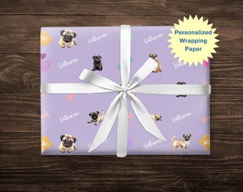 Personalized Dog Wrapping Paper Customized Pug Pattern Paper Dog Mom Gift Wrap Custom Name Pet Gift Paw Print Birthday Dog Lover Dog Bone