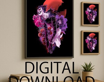 Dark Fantasy Shinigami Art Print – Red Moon Illustration, Floral Gothic Wall Art, Anime Inspired Digital Poster, Instant Download”