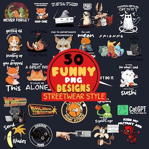 Può includere: Una collezione di 50 divertenti design PNG in stile streetwear. I design presentano vari personaggi dei cartoni animati, animali e frasi di testo umoristiche su uno sfondo scuro. I design includono una varietà di colori e stili.