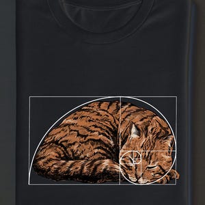 Può includere: T-shirt nero con un'illustrazione dettagliata di un gatto tabby addormentato all'interno di un design a spirale di Fibonacci. Il gatto è marrone e arancione, con una spirale bianca. La maglietta è piegata ordinatamente.