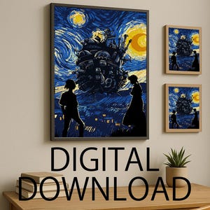 Può includere: Stampe artistiche incorniciate raffiguranti un castello fantastico su uno sfondo di cielo notturno vorticoso, che ricorda "Notte stellata" di Van Gogh. Le stampe sono in cornici nere, con stampe più piccole abbinate. Il testo "DIGITAL DOWNLOAD" è in basso.