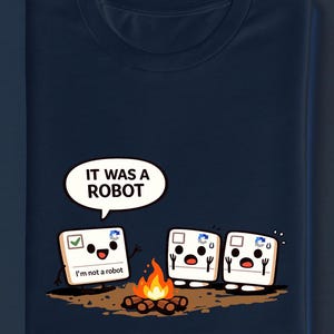 Può includere: T-shirt blu navy con una grafica umoristica di tre personaggi simili a robot attorno a un falò. Uno dice "Non sono un robot" e un altro dice "Era un robot" in un fumetto. Il design include un piccolo fuoco e un terreno marrone.