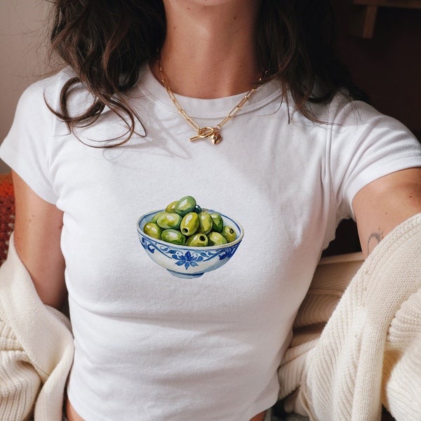 Geschilderde Olive Bowl, Baby Tee, Baby Girl, Funny Baby Tee, Cute Baby Tee, Coquette Bow Tee, y2k baby tee, jaren '90 baby tee, y2k kleding