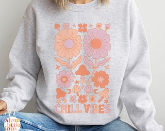 Hippie Sweatshirt, Aesthetic Crew, Positive Message, Wavy Flowers, Mushroom, Groovy Text, Chill Vibes, Kindness, Trendy Sweatshirt