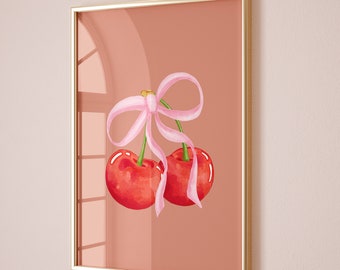 Kirsche Wand Kunst Druck, rosa Schleife druckbar, trendige Schleife Wandkunst, Preppy College Wohnung Druck, kokette rosa Schleife weiches Mädchen Schlafzimmer Dekor