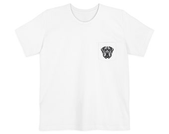 May include: White t-shirt with a pocket featuring a black and white illustration of a dog's face.