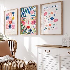 Arte abstracto de rostros de Henri Matisse en azul y rosa, impresión de pared colorida de Henri Matisse (juego de 3), impresiones florales de Matisse, juego de pósteres de Matisse de mujer.