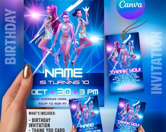 Kpop Demon Hunters Birthday Invitation Template + Thank You Card & Favor Tag | Editable Canva Party Bundle | Girl Power Theme