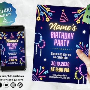 Invitation d&#39;anniversaire néon de Zazzle.be Liste d&#39;envies Vous avez des idées ? Invitation d&#39;anniversaire pour enfants | Impression numérique sur toile | Modèle Canvas à téléchargement immédiat