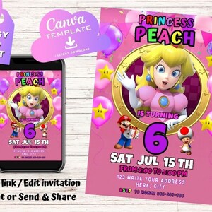Prinzessin Peach Geburtstagseinladung | Mario Bros Einladung | Kindergeburtstag laden | Canva Digital Bedruckt | Sofort Download Canva Template