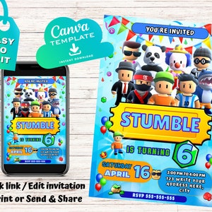 Invito di compleanno Stumble Guys / Invito di compleanno per bambini / Stampa digitale Canva / Download immediato del modello Canva