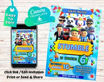 Invito di compleanno Stumble Guys / Invito di compleanno per bambini / Stampa digitale Canva / Modello Canva per il download istantaneo