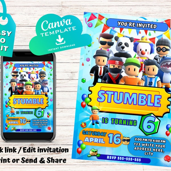 Stumble Guys Birthday Invitation | Kids Birthday Invite | Canva Digital Printed | Instant Download Canva Template