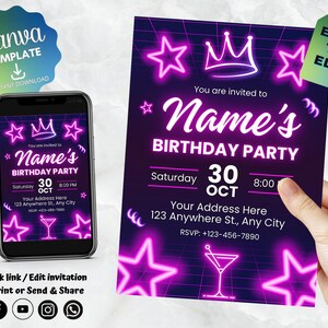 Invitation d&#39;anniversaire néon de Zazzle.be Liste d&#39;envies Vous avez des idées ? Invitation d&#39;anniversaire pour enfants | Impression numérique sur toile | Modèle Canvas à téléchargement immédiat
