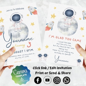 Astronaut Birthday Invitation | Kids Birthday Invite | Canva Digital Printed | Instant Download Canva Template