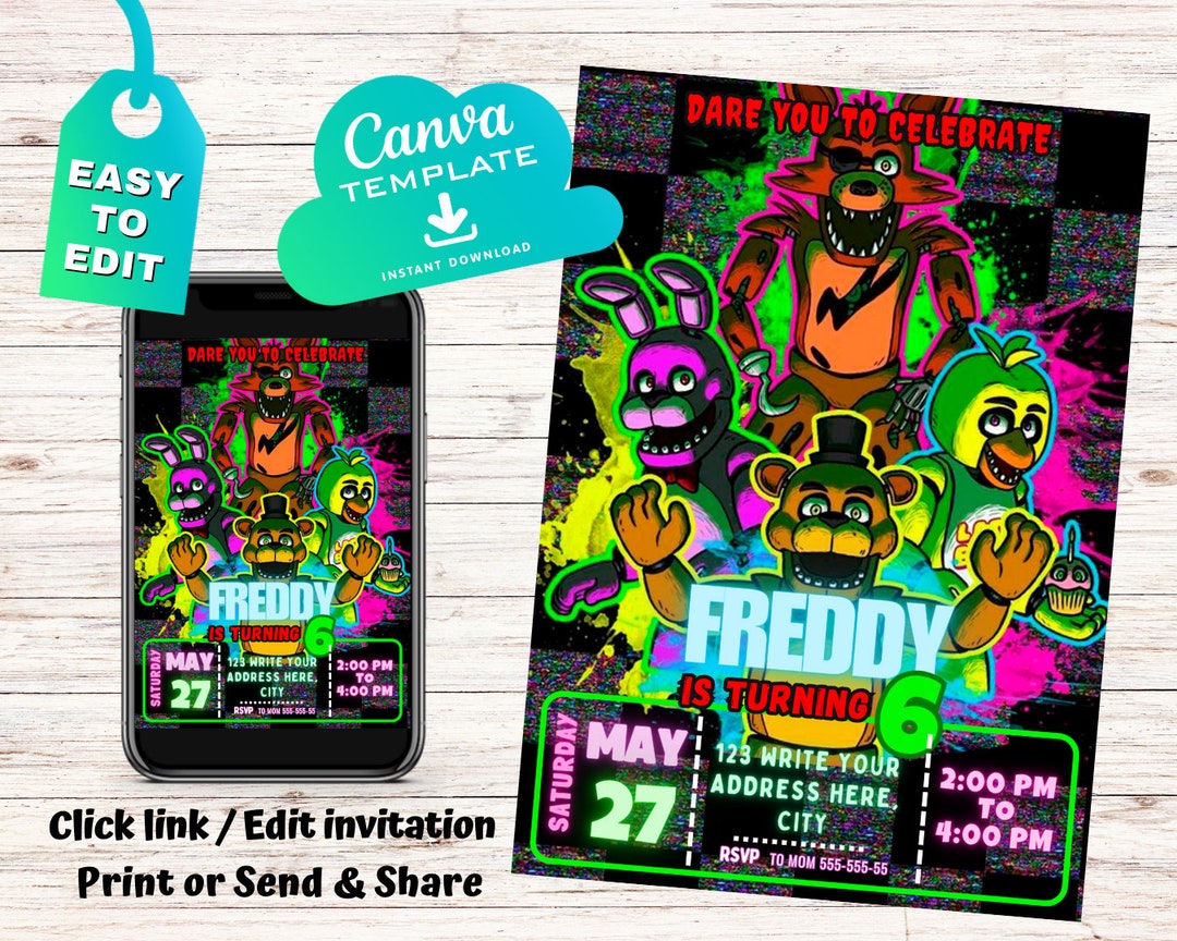 Five Nights at Freddys Birthday Invitation FNAF Invite Canva Digital Five Nights at Freddys Birthday Invitation FNAF Invite Canva Digital