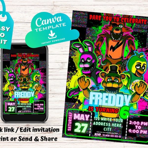Five Nights At Freddy’s Birthday Invitation | FNAF Invite | Canva Digital Printed | Instant Download Canva Template