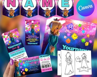 Princess Rosalina Birthday Invitation & Party Bundle, Editable Canva Template, Birthday Sign, Thank You Tag, Coloring Sheet, Download